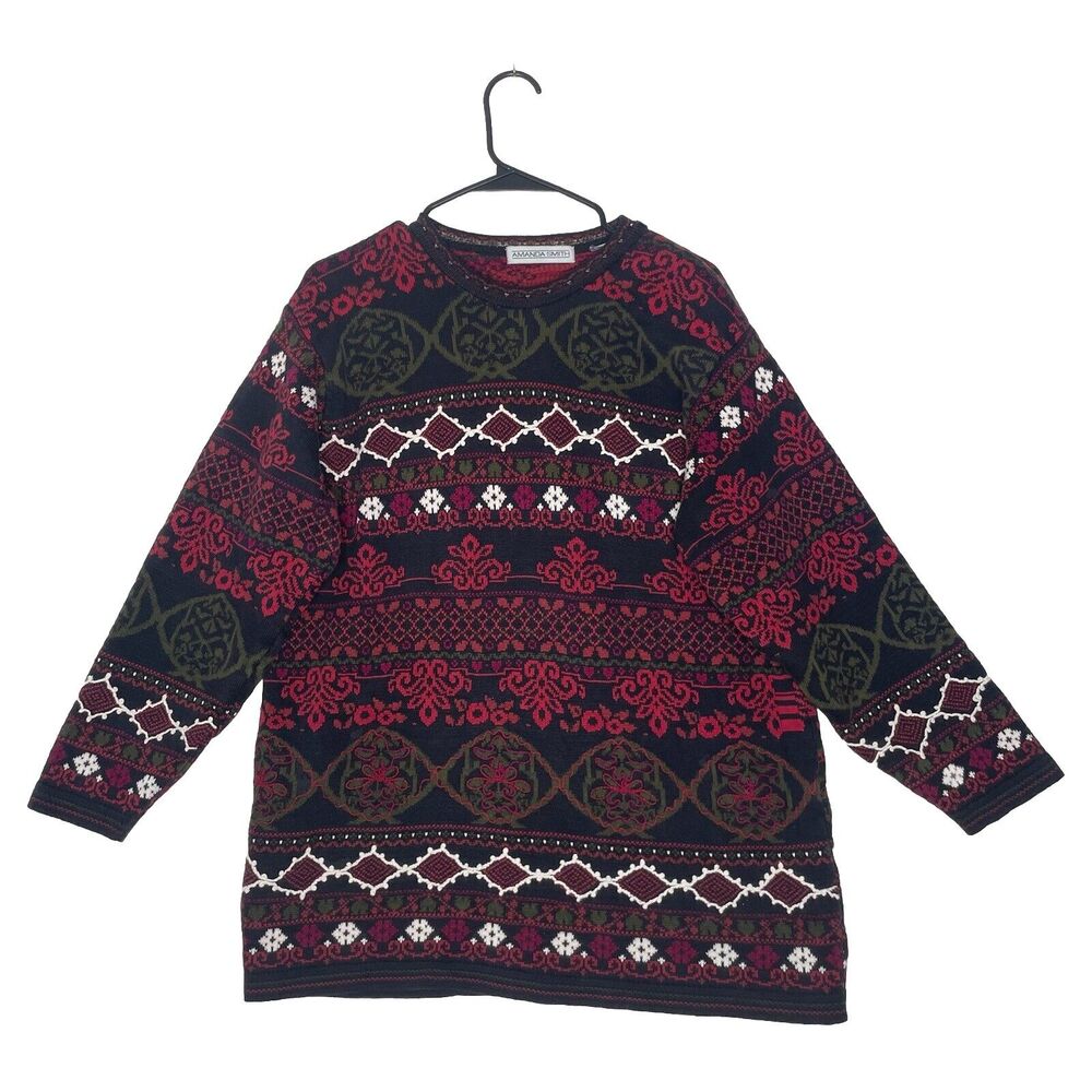 Amanda Smith Sweater‎ Women’s Sz M Black Green Red Fair Isle Nordic VTG Heritage